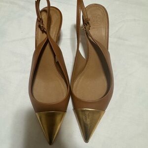Tory Burch Brown Leather Slingback Pointed Toe Flats with Gold Cap